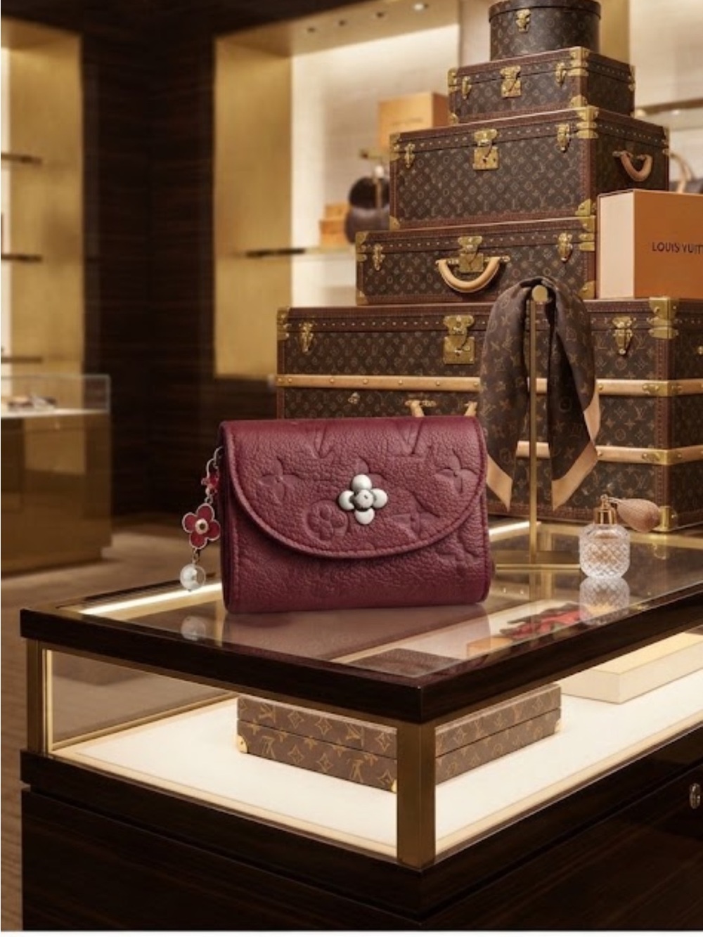 Burgundy Embossed Leather short Wallet with Floral Charm